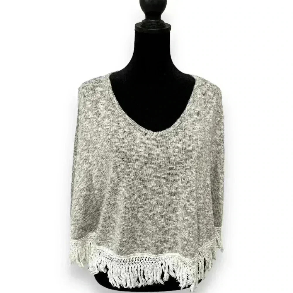 Twinkle Womens Brown/Cream Boho Fringe Lightweight Pullover Knit Poncho